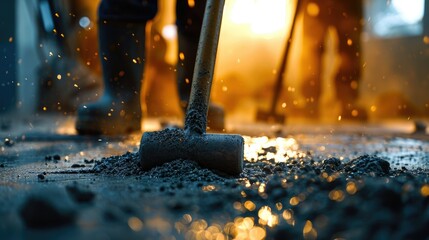 Construction worker pounds cement with a hammer on the floor of a construction site - obrazy, fototapety, plakaty