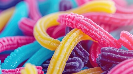 Vibrant neon-colored candy worms entwined together, radiating a captivating glow on a dark background. Hyper-realistic, detailed, and eye-catching stock image with a neonpunk essence