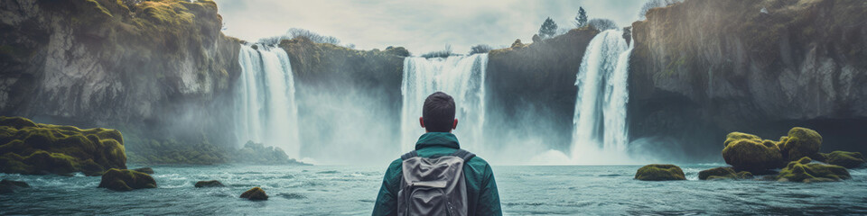 Traveler looking at view and stand in front of A picturesque waterfall,  where cascading waters create a soothing melody - obrazy, fototapety, plakaty