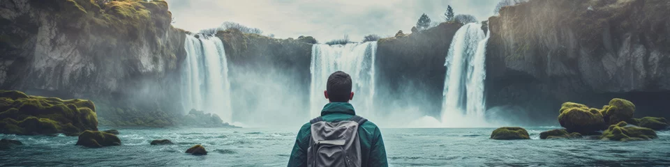 Fototapete Traveler looking at view and stand in front of A picturesque waterfall,  where cascading waters create a soothing melody © basketman23