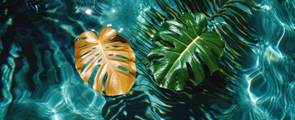 two different tropical leaves by the water