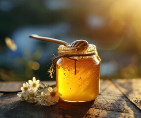 jar of honey with a spoon stuck in