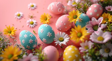 Fototapeta na wymiar pink background with easter eggs and flowers easter background