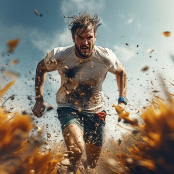 A man runs through the mud. activity. Outdoor sports. marathon. Overcome obstacles. willpower. runner