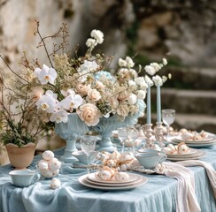 Obraz na płótnie Canvas easter table setting with blue and white table cloths and centerpieces