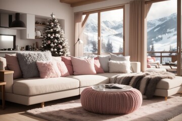 Nordic scandinavian interior home design of modern living room with comfortable sofas and feather pillows with mountain view winter atmosphere
