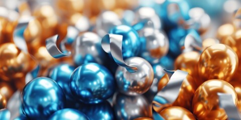 many brightly colored, silver and gold ribbon balloons on a grey background