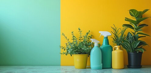house cleaning supplies by a yellow wall