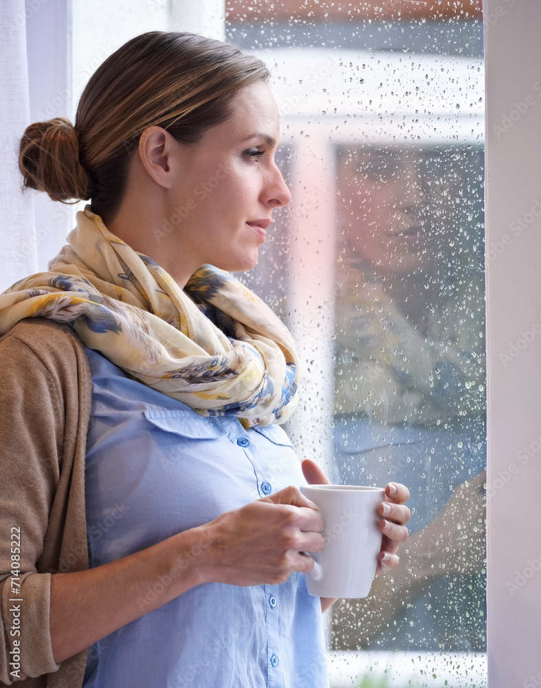 Canvas Prints Woman at window, thinking with tea and reflection, life and future in morning routine, raindrop and wellness. Insight, memory and mindfulness with warm beverage, coffee break and relax at home