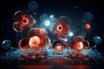 neon computer technogenic glowing orange flowers with wires and light bulbs