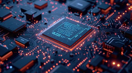 Fototapeta na wymiar Vibrant, hyper-realistic stock image of a sharp-focused circuit board with intricate details. Techno-futuristic aesthetic showcasing vibrant colors
