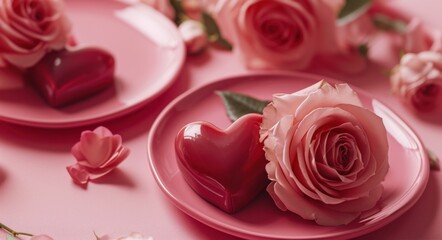 pink roses and heart plates on pink table