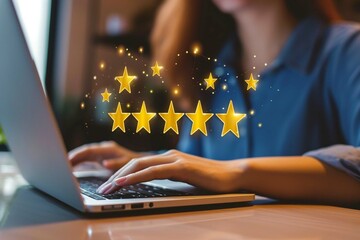 Customer Satisfaction Survey, Feedback on Quality, Rating Service Experiences On Online concept, Businesswomen give gold five-star rating feedback and top Service Business Reputation, Customer review