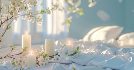 white bed with white shams and candles near a white window - obrazy, fototapety, plakaty