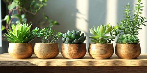 the small wooden plants are on a wooden shelf