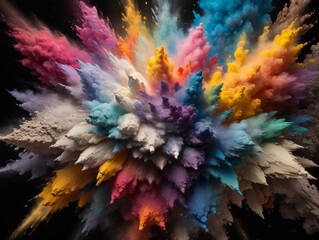 Fantastic forms of powder paint and flour combined together explode in front of a black background to give off fantastic color explosions in bizarre multi colored cloud forms