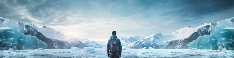 Traveler looking at view and stand in front of A glacial wonder,  where ice formations create mesmerizing shapes