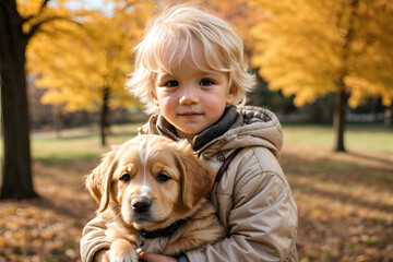 Little boy playing with his dog outdoors in the park