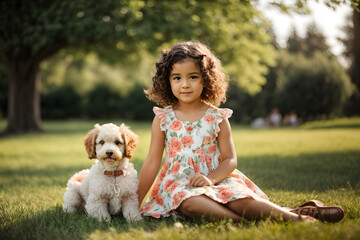 Cute little curly girl sitting on the lawn in the park with a dog