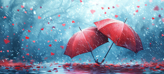 Rain of Love Umbrellas - Design a charming illustration of a rainy day where umbrellas take the form of hearts. The raindrops can turn into tiny hearts
