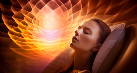 I am drifting off into deep REM sleep where my body does its best healing - woman with eyes closed against an abstract lotus flower matrix expanding pattern in warm gold orange yellow colours 