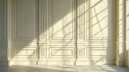 Hyper-realistic 3D render of an art deco wall in light yellow and dark gray. Classicism meets modernity