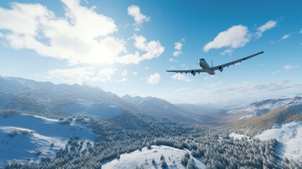 Airplane Soaring Above Majestic Snowy Mountain Range