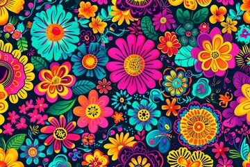 Fototapeta na wymiar Vibrant Flower Pattern on Black Background
