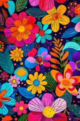 Fototapeta na wymiar Colorful Flowers Painting on Black Background