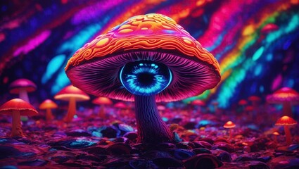 Fantasy mushroom in the forest. 3d illustration. Psychedelic surreal image. - obrazy, fototapety, plakaty
