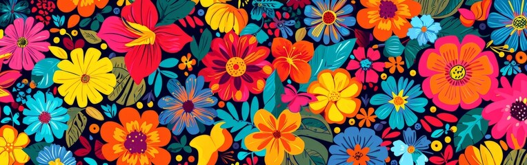 Fototapeta na wymiar Colorful Flower Pattern on Black Background