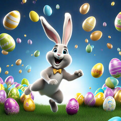 happy Easter bunny jumping with joy with many Easter eggs