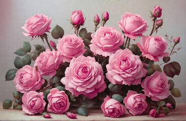 happy valentines day Fresh pink Roses ,bouquet of pink roses. illustration