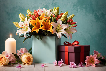 Gift box with a bouquet of lilies. Postcard for March 8, Birthday, Valentine's Day, Mother's Day