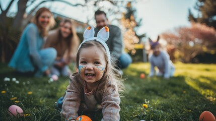 Family enjoying an Easter egg hunt in the backyard with a child wearing bunny ears. - obrazy, fototapety, plakaty