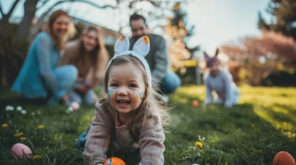 Schilderijen op glas Family enjoying an Easter egg hunt in the backyard with a child wearing bunny ears. © netrun78