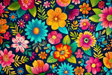 Fototapeta na wymiar Colorful Flower Pattern on Black Background