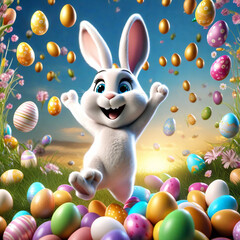 happy Easter bunny jumping with joy with many Easter eggs