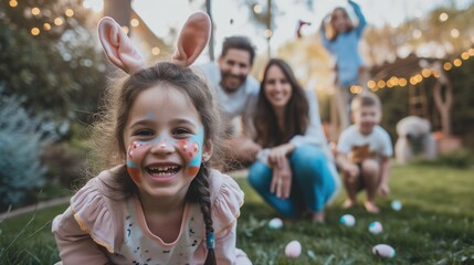 Joyful Child with Bunny Ears hunting easter eggs Outdoors