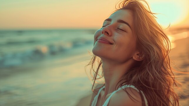 Close-up of a serene woman meditating on a sandy beach, with crystal-clear turquoise water and seashells. Detailed focus on her distinctive nose, capturing individuality and beauty