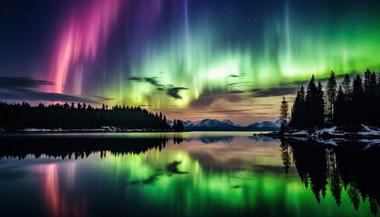 View of night sky with multicolored aurora borealis and snowy mountains peak background. Night glows in vibrant aurora reflection on the lake with forest. 