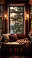 A cozy reading corner with a window seat, bookshelves, and a warm throw blanket