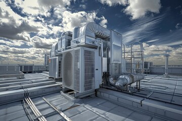 Residential and commercial rooftop with sharp-focused, hyper-realistic AC installation
