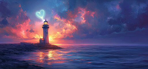 Heart-shaped Lighthouse Beacon - Illustrate a coastal scene with a lighthouse beaming a heart-shaped light across the water. The symbolism of guidance and love adds depth and romance - obrazy, fototapety, plakaty