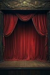 Stage With Red Curtain and Wooden Floor