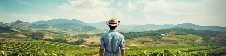 Traveler looking at view and stand in front of A picturesque vineyard,  offering tastings amid scenic landscapes