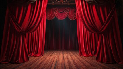 Stage With Red Curtain and Chandelier
