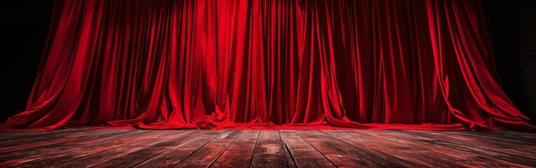 Red Curtain and Wooden Floor - obrazy, fototapety, plakaty