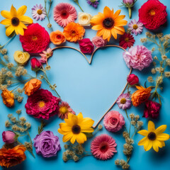 heart of flowers on a blue background