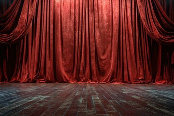 Empty Stage With Red Curtain and Wooden Floor
